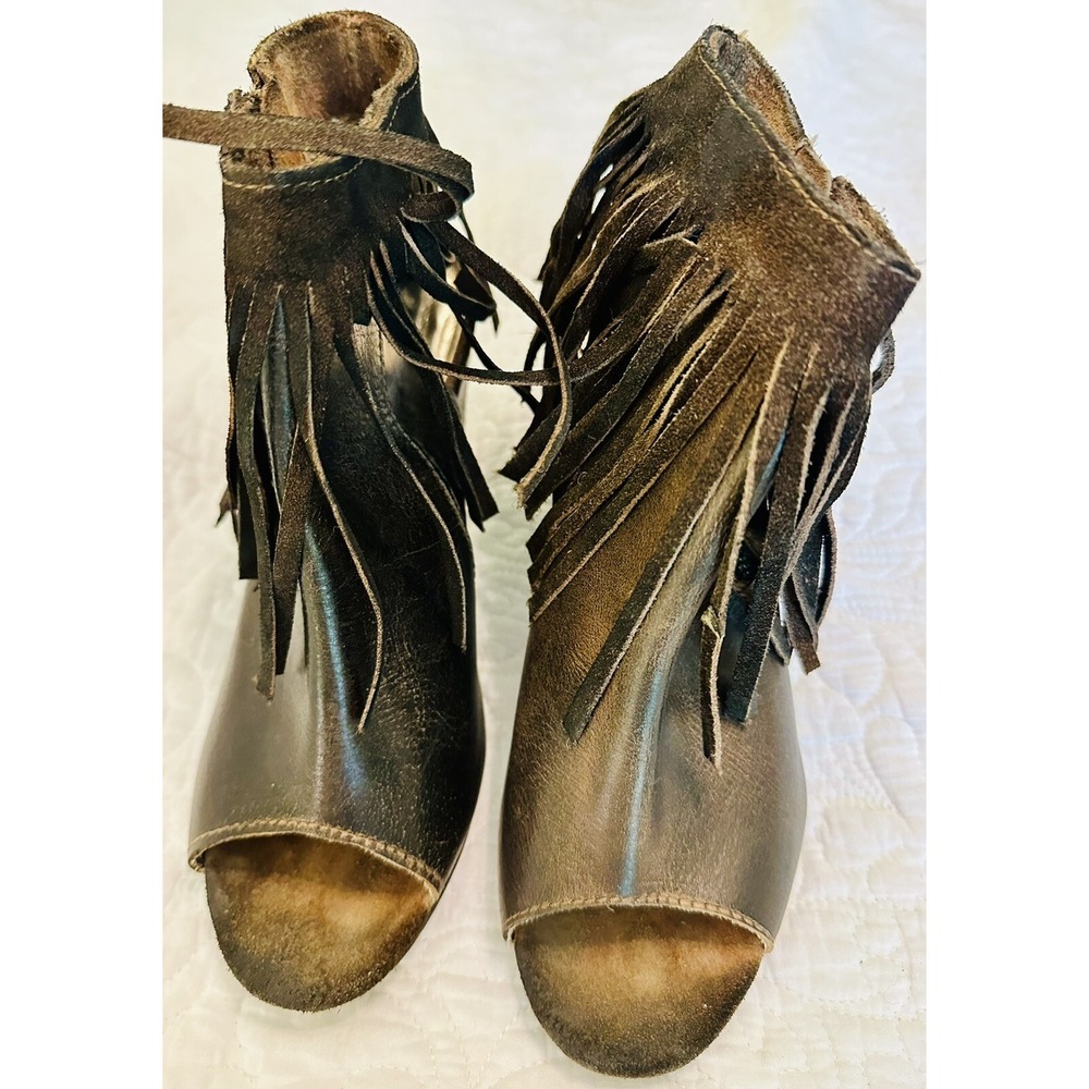 Women's Diba True Brown Leather Fringe Open toed Boots Size 7 - Picture 3 of 8